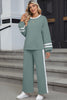 Chestnut Varsity Stripe Patchwork Puff Sleeve Pullover Drawstring Wide Leg Pant Set