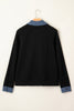 Black Textured Knit Denim Patchwork Button Polo Collar Long Sleeve Top