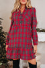 Red Plaid Shirt Collar Half Button Ruffle Hem Long Sleeve Mini Dress