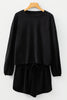 Black Solid Color Textured Knit Drop Shoulder Pullover Drawstring Shorts Set
