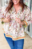 Black Plus Size Floral Print Contrast Trim Striped Detail Babydoll Blouse