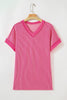 Rose Red Twisted Ribbed Knit V Neck Casual Tee