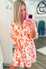 Orange Abstract Print Split Neck Long Sleeve Dress