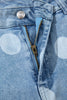 Sky Blue Polka Dot Ankle-Length Metal Button Casual Jeans