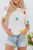 White Colorful Bow Knit Mock Neck Short Sleeve Sweater