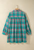 Green Plaid Button-Up Shift Long Sleeve V Neck Plus Size Dress