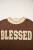 Coffee Polka Dot Trim High Neck BLESSED Letter Graphic Baggy Sweatshirt