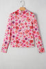 Red Floral Print Long Sleeve Slim Fit Mesh Top