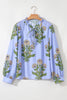 Sky Blue Floral Print Button Tie Neck Long Puff Sleeve Blouse