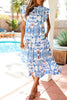 Sky Blue Tropical Botanic Print Flutter Sleeve Vacation Long Dress