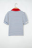 Blue Stripe Short Puff Sleeve Color Block Polo Collar Blouse