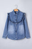 Dusk Blue Vintage Wash Denim Ruffle Detail Button Down Shirt