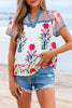 Pink Floral Striped Patchwork Short Sleeve Split Neck Blouse