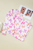 Pink Striped Bow Print Contrast Piping Trim Shirt and Pants 2pcs Pajama Set