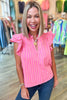 Pink Stripe Split Neck Ruffled Summer Blouse