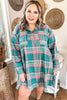 Green Plaid Button-Up Shift Long Sleeve V Neck Plus Size Dress