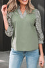 Grass Green Floral Puff Sleeve Contrast V Neck Patchwork Blouse