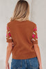 Brown Floral Short Puff Sleeve Sweater
