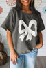 Medium Grey Lace Bow Raw Edge Drop Shoulder Casual T Shirt