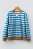 Sky Blue Stripe Contrast Color Ribbed Trim Round Neck Drop Shoulder Sweatshirt