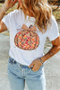 White Floral Pumpkin Print Round Neck Short Sleeve T-Shirt