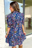 Blue Wild Daisy Floral Split Neck Short Puff Sleeve Mini Dress