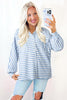 Sky Blue Stripe Half Button Collared Chest Pockets Loose Fit Blouse