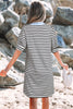 Black Stripe Contrast V Neck Collared Puff Sleeve T Shirt Mini Dress with Pockets