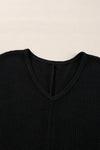 Black Waffle Knit Side Slits Loose Fit V Neck Top