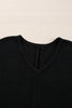 Black Waffle Knit Side Slits Loose Fit V Neck Top