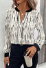 White Abstract Printed V Neck Fall Blouse