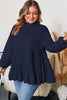 Navy Blue Tiered Ruffle Ribbed Crew Neck Pullover Plus Size Top