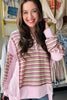 Pink Exposed Seam Color Block Striped Patchwork Loose Henley Sweatshirt