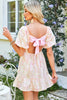 Pink Floral Puff Sleeve Square Neck Knotted Open Back Ruffled Mini Dress