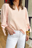 Pink Stripe Bow Knot Cuff Pearl Embellished Puff Sleeve V Neck Blouse