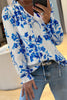 Blue Floral Long Sleeve Lace-up V Neck Blouse