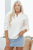 White Textured Pocketed Collared V Neck Pullover Sweatshirt