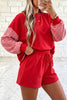 Red Plaid Patchwork Long Sleeve Top Solid Drawstring Shorts Set