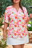 White Floral Split V Neck Wide Short Sleeve Plus Size Blouse Top
