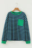 Green Stripe Ribbed Color Block Patchwork Crew Neck Patch Pocket Long Sleeve Top