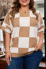 Light French Beige Plus Size Checkered Pattern Knit Short Sleeve Sweater