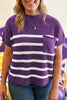Purple Stripe Raw Edge Patched Pocket Short Sleeve Knit Sweater
