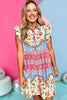 Rose Floral Mixed Pattern Ruffle Flutter Sleeve Buttoned Dress