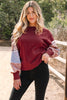 Red Sandalwood Plaid Colorblock Patchwork Sleeve Raw Seam Sweatshirt