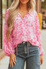 Pink Floral Puff Sleeve Split Neck Lightweight Blouse