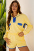 Yellow Color Block Patchwork Half Button Pullover and Shorts 2pcs Outfit