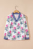 White Floral Print Striped V Neck Blouse