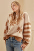 Straw Yellow Ribbon Bow Print Checkered Striped Sleeve Drop Shoulder Sweater