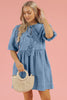 Dusk Blue Bowknot Bubble Sleeve Short Denim Dress