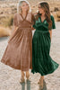 Chestnut Velvet Lacy V Neckline Short Sleeve Empire Waist Flowy Maxi Dress